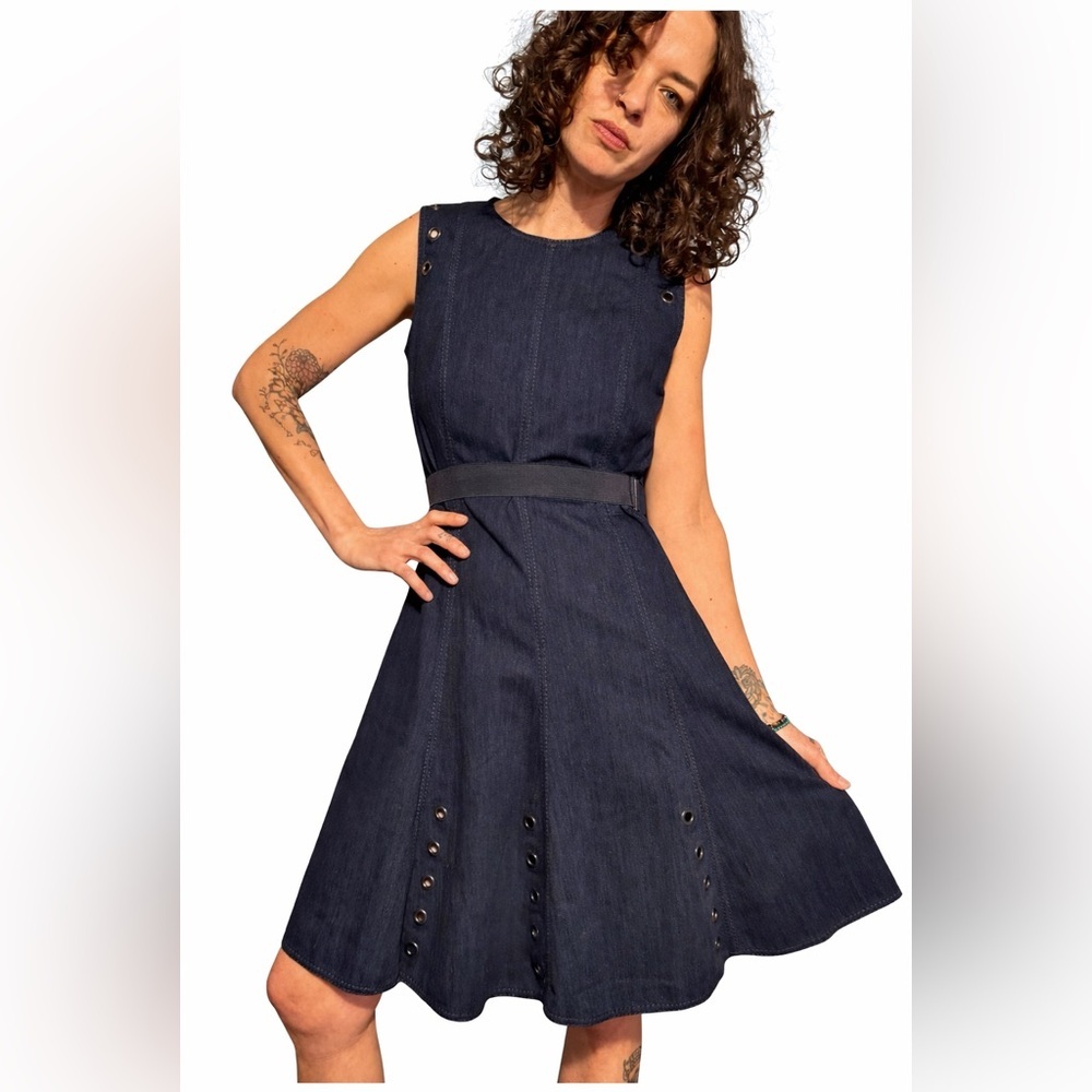 Akris Punto denim grommet midi fit & flare dress. 8